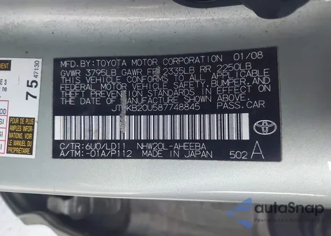 2008 Toyota Prius from USA, damaged, VIN JTDKB20U587748845